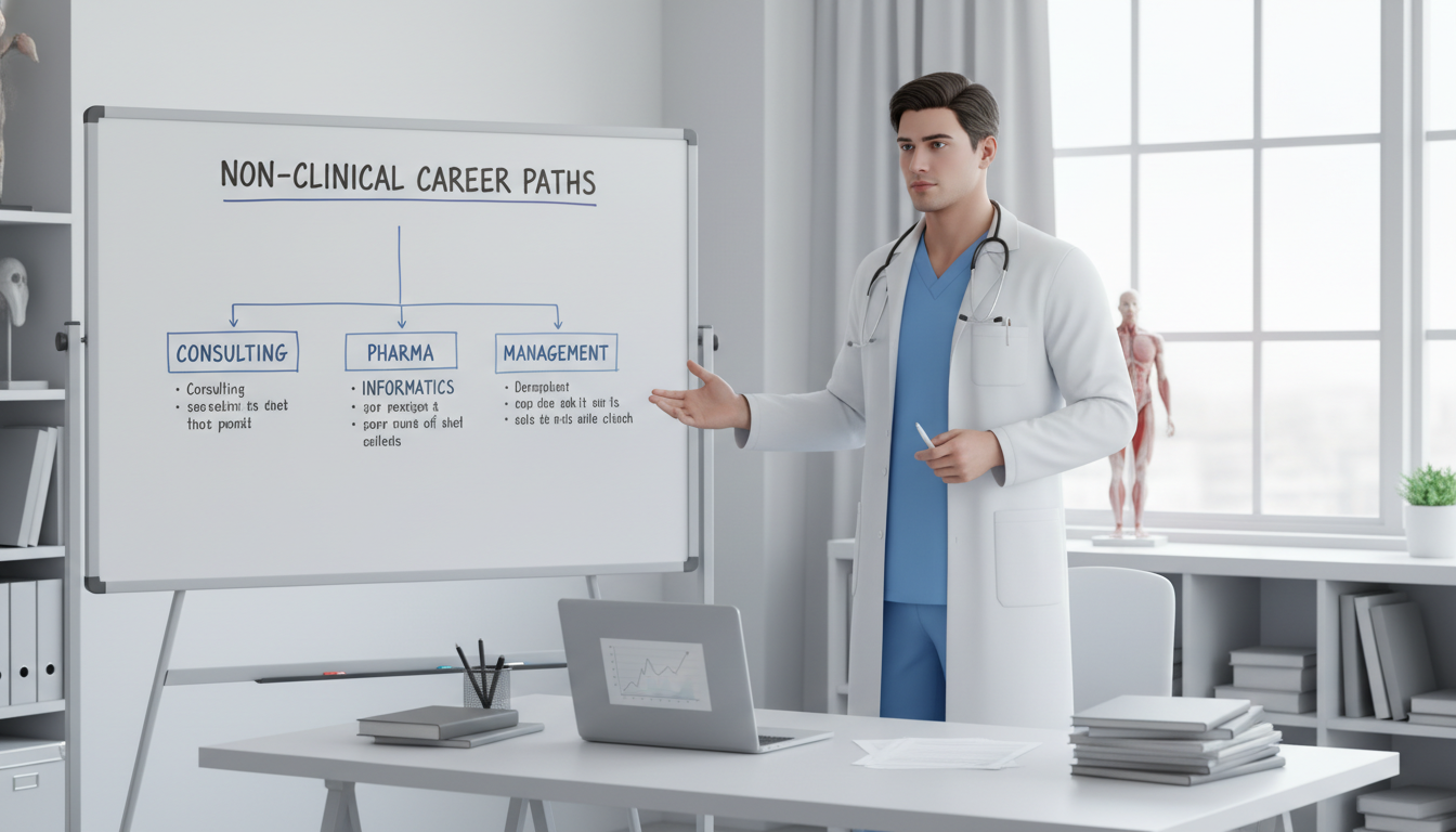 Physician exploring non-clinical career options - non-clinical physician careers for The Complete Guide to Non-Clinical Caree