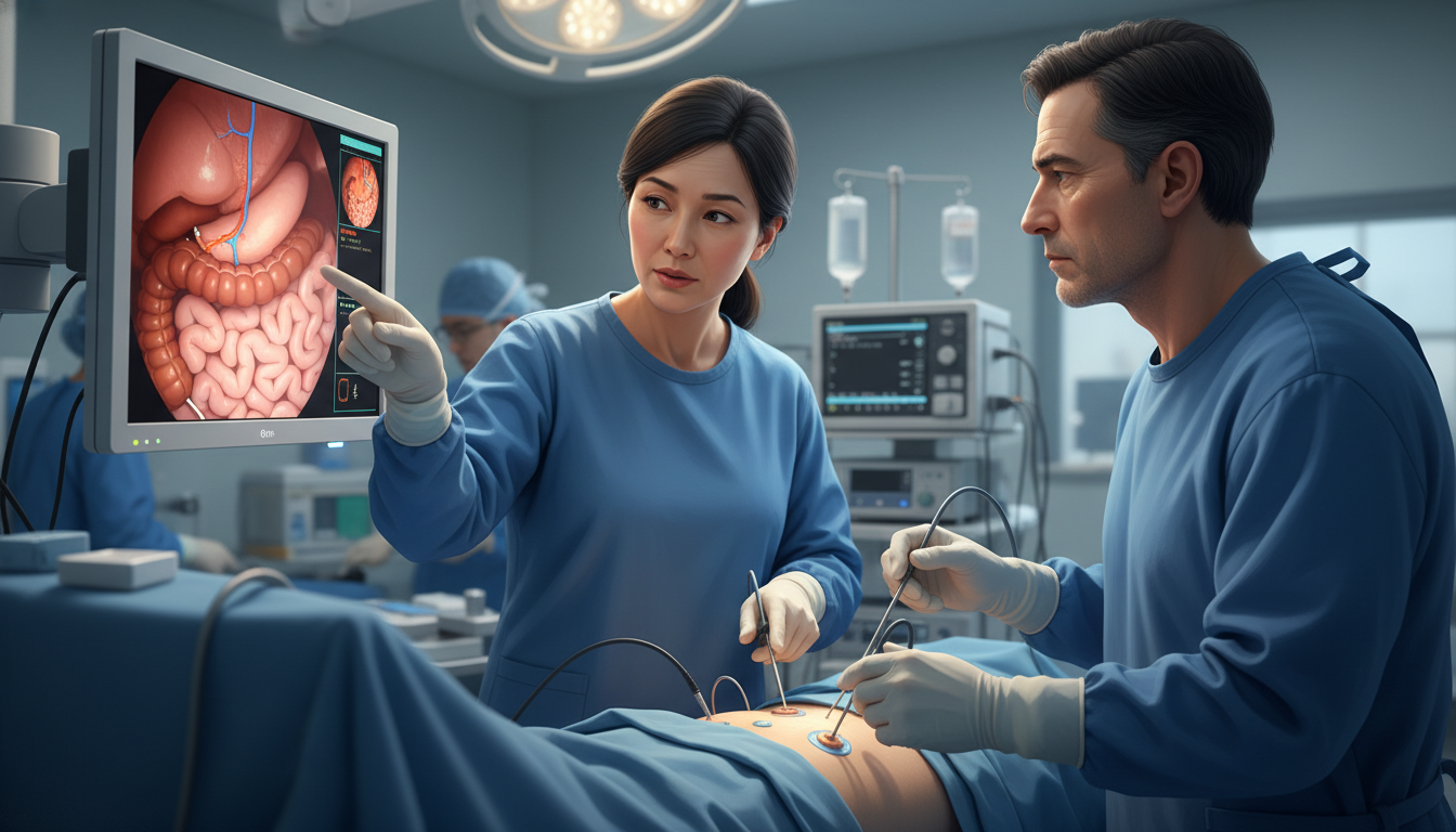 Attending surgeon coaching resident on surgical technique during operation Attending surgeon coaching resident on surgical technique during operation - operative experience for The Complete Guide to O