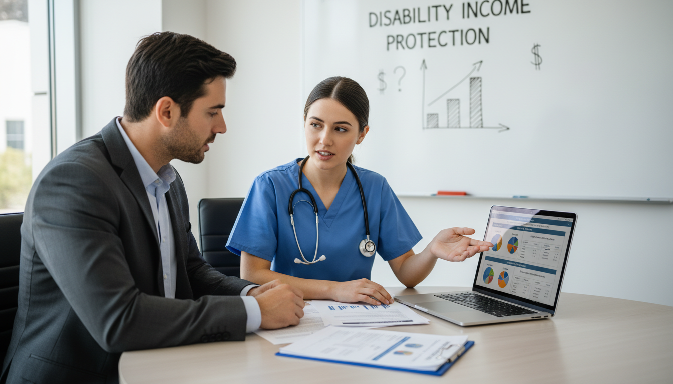 Resident physician discussing disability insurance with an advisor - physician disability insurance for The Complete Guide to