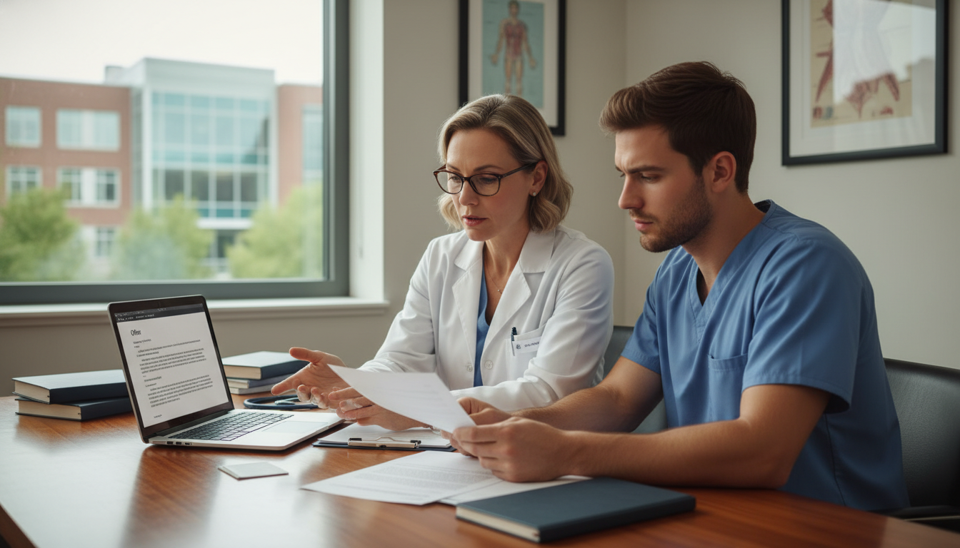 Medical student discussing a pre-match offer with a faculty mentor Medical student discussing a pre-match offer with a faculty mentor - pre-match offers for The Complete Guide to Pre-Match Com