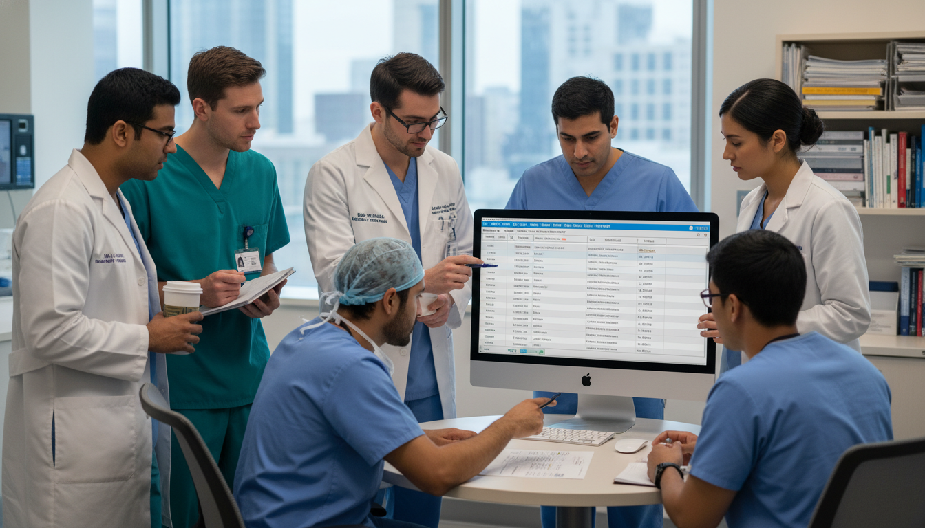 Residents in internal medicine and surgery discussing patient care Residents in internal medicine and surgery discussing patient care - preliminary year for The Complete Guide to Preliminary Y