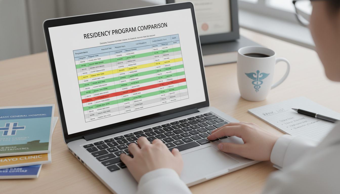 Medical student comparing residency programs on a laptop Medical student comparing residency programs on a laptop - preliminary year for The Complete Guide to Preliminary Year Select