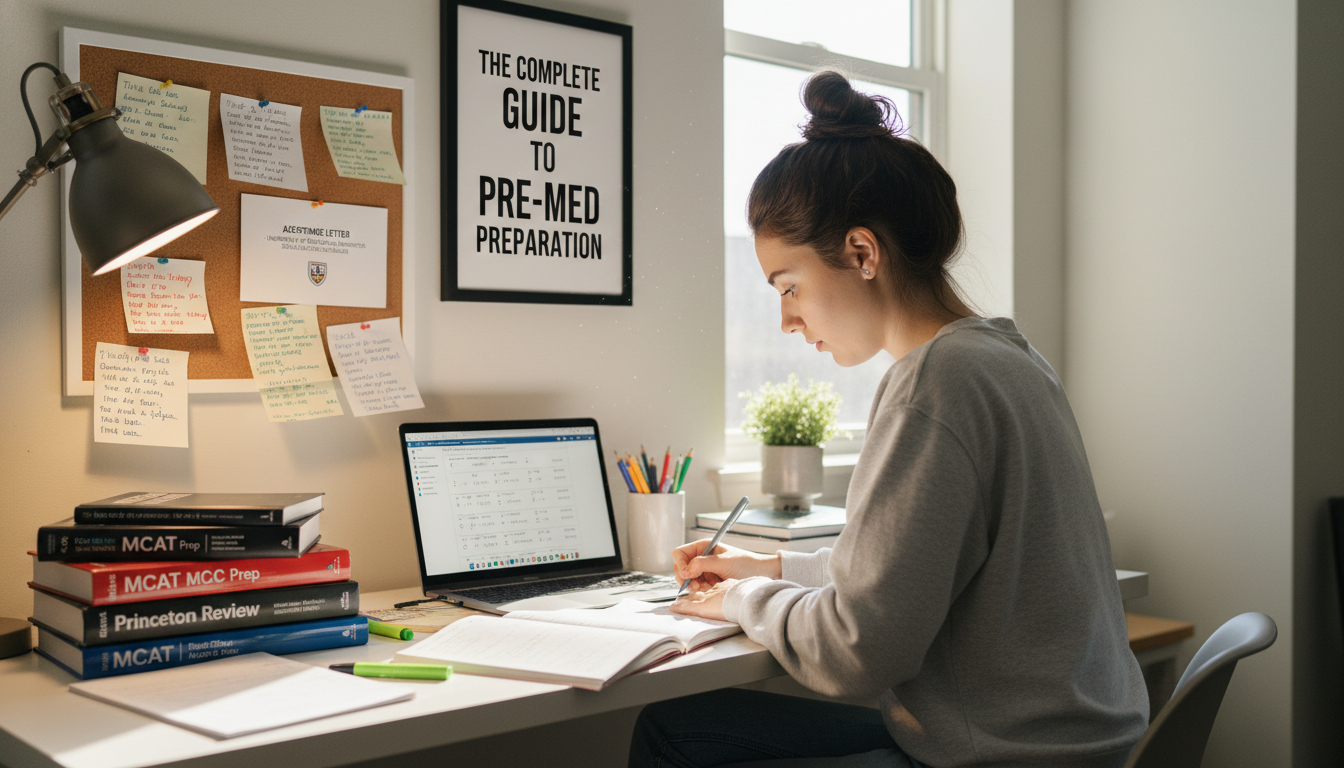 Premed student studying for the MCAT exam Premed student studying for the MCAT exam - premed advice for The Complete Guide to Pre-Med Preparation