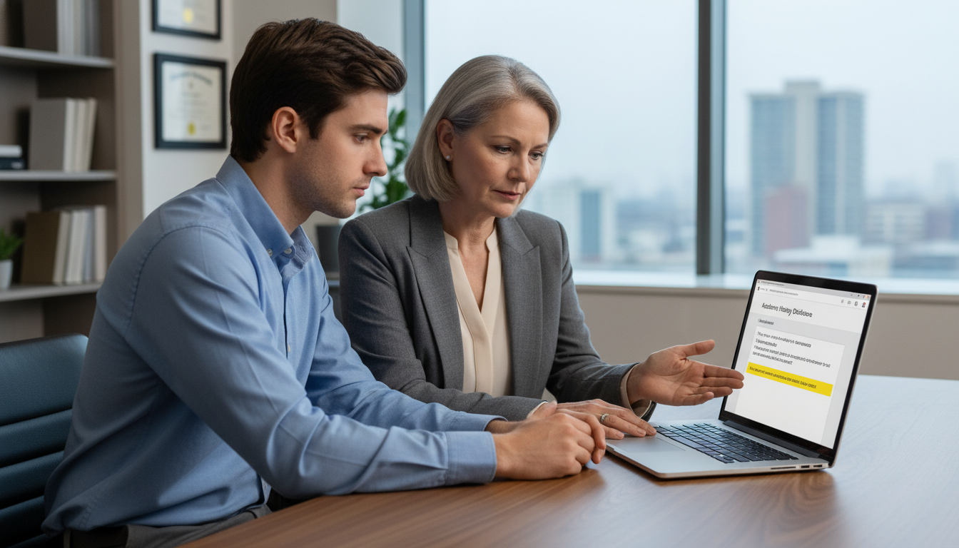 Residency applicant reviewing ERAS probation disclosure questions with advisor Residency applicant reviewing ERAS probation disclosure questions with advisor - academic probation medical school for The Co