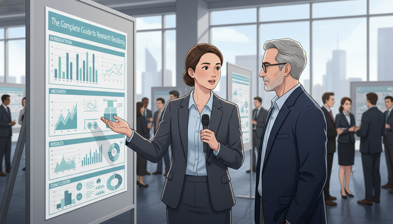 Resident presenting a clinical research poster at a medical conference Resident presenting a clinical research poster at a medical conference - research during residency for The Complete Guide to