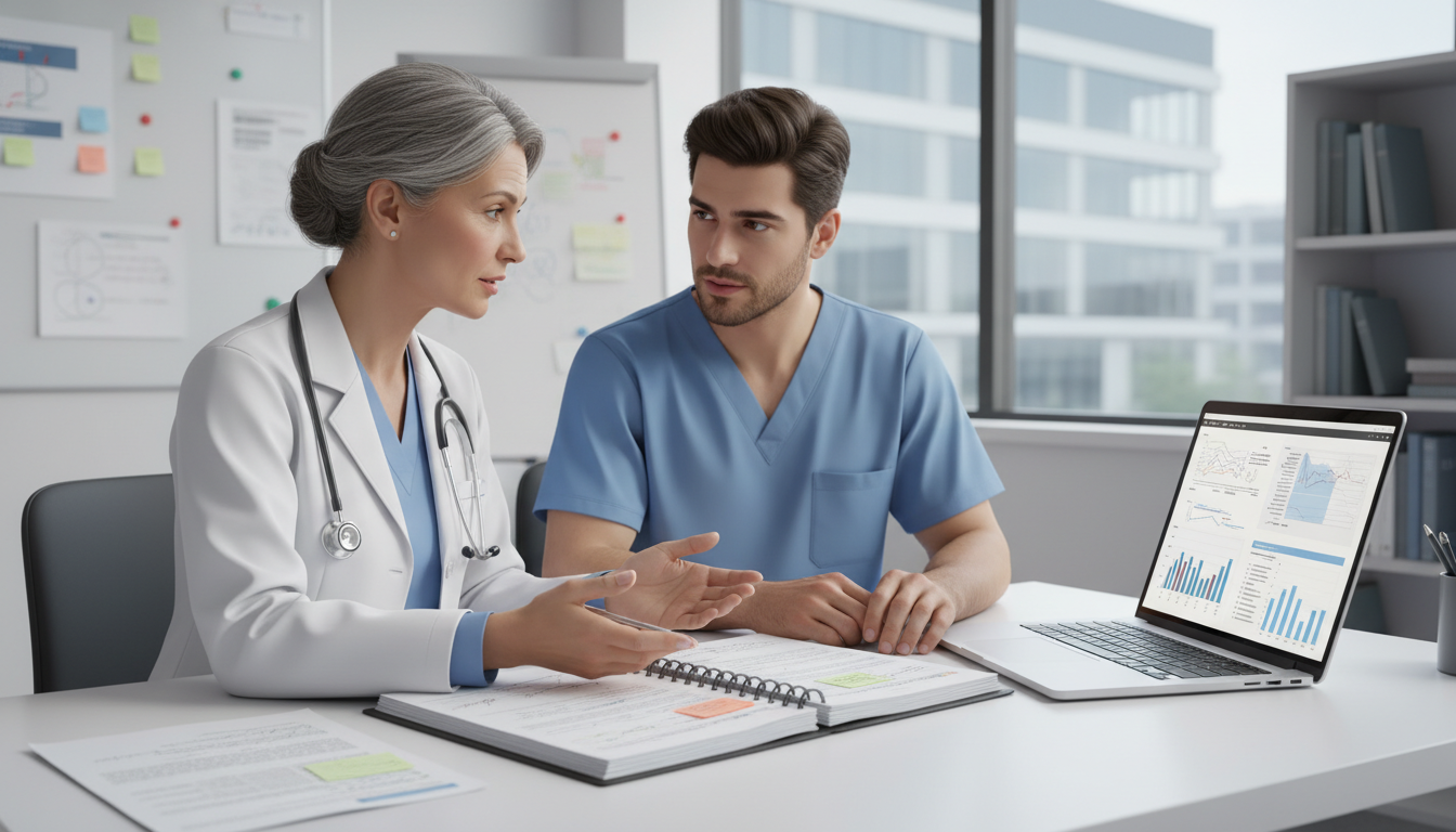 Resident and mentor reviewing a manuscript draft together Resident and mentor reviewing a manuscript draft together - research during residency for The Complete Guide to Research Duri