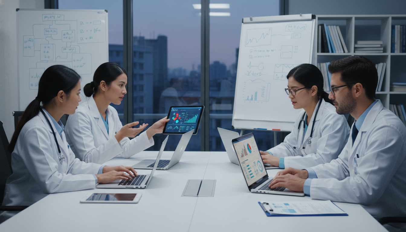 Medical trainees collaborating on data analysis for a research project Medical trainees collaborating on data analysis for a research project - research for residency for The Complete Guide to Res