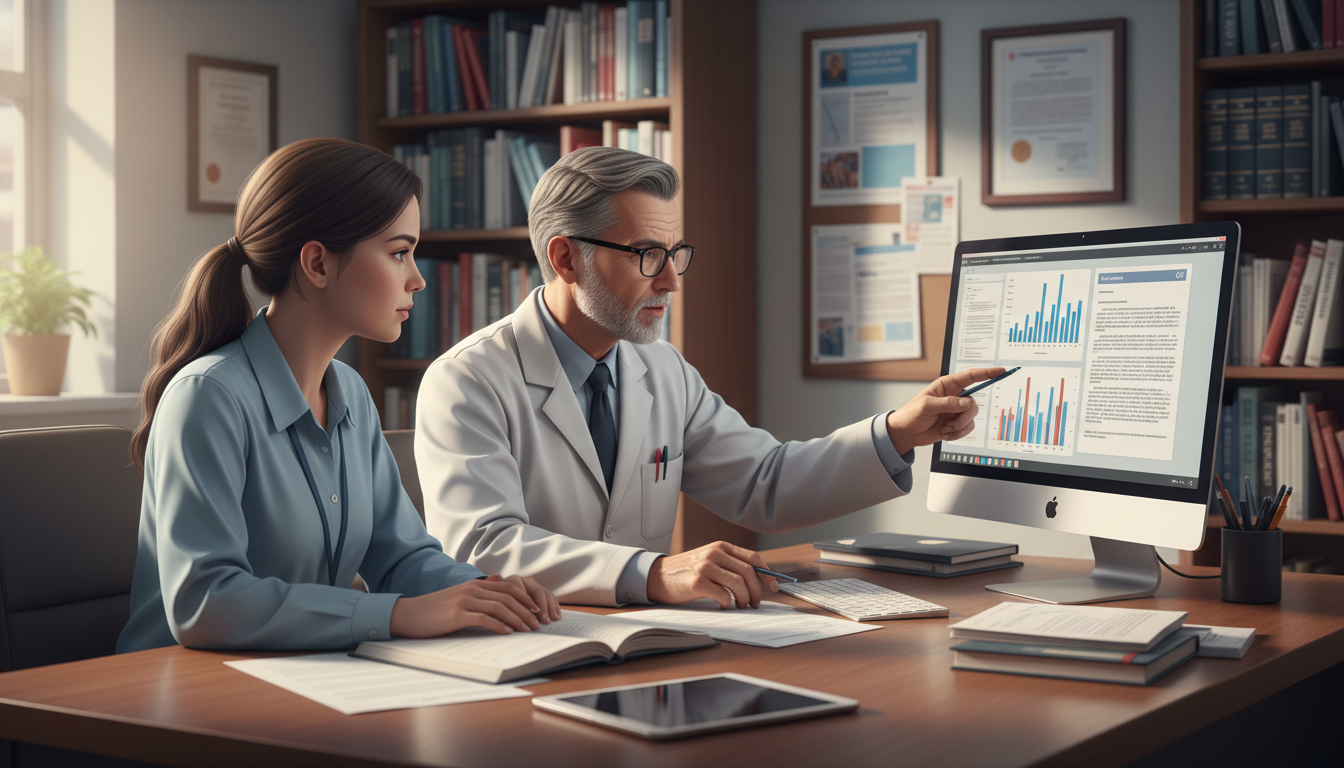 Medical student meeting with a research mentor to plan projects - research year residency for The Complete Guide to Research