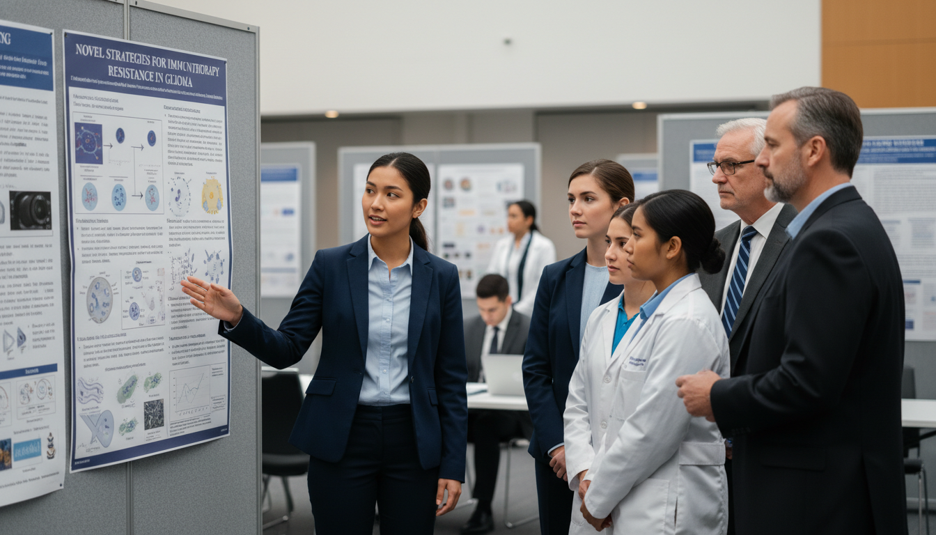 Medical student presenting research at a conference poster session - research year residency for The Complete Guide to Resear