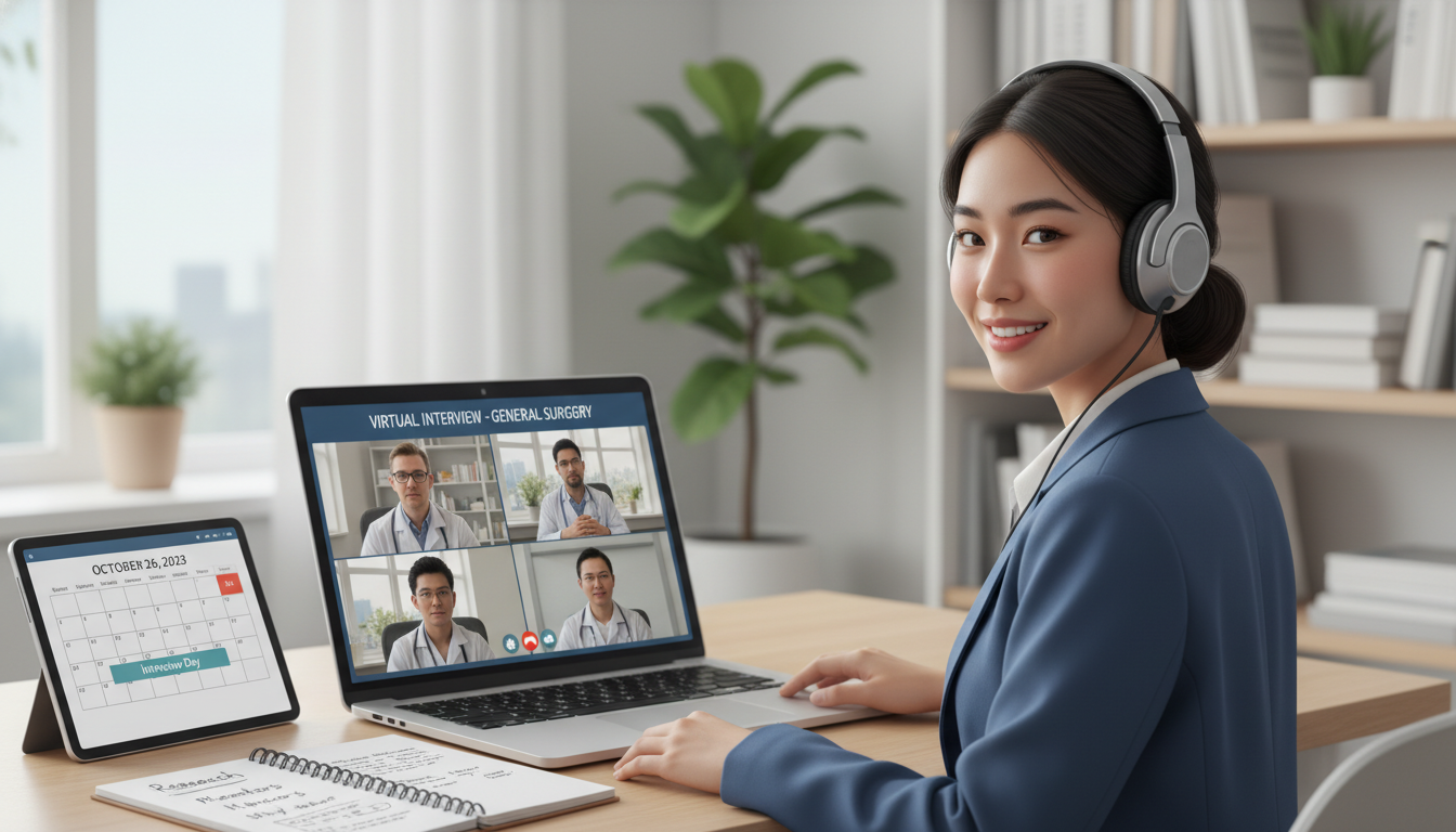 Resident physician video interviewing with headphones and notes Resident physician video interviewing with headphones and notes - residency interview scheduling for The Complete Guide to In