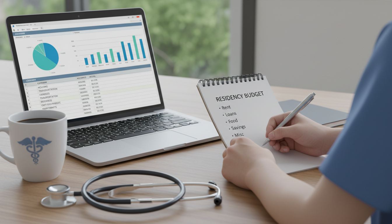 Resident creating a monthly budget plan with laptop and notepad - resident salary for The Complete Guide to Residency Stipend