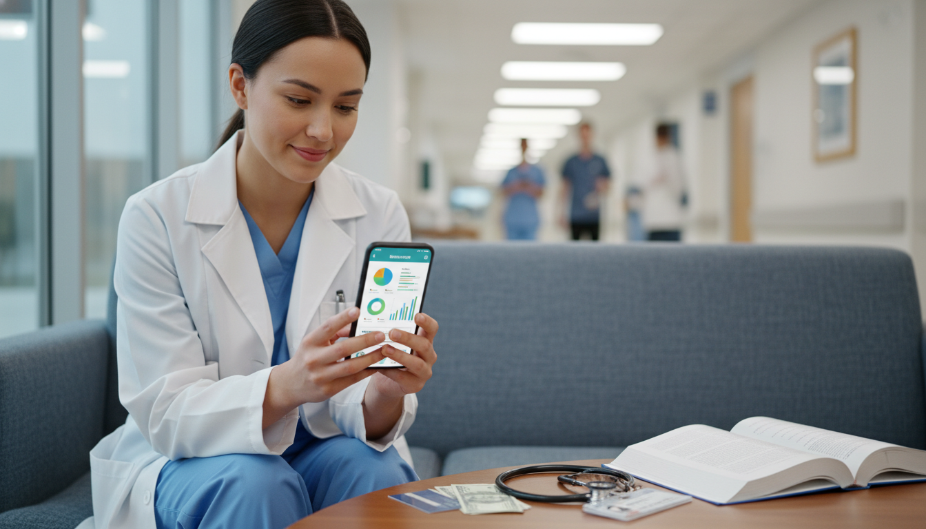 Medical resident using a budgeting app on smartphone - resident salary for The Complete Guide to Residency Stipend Budgeting