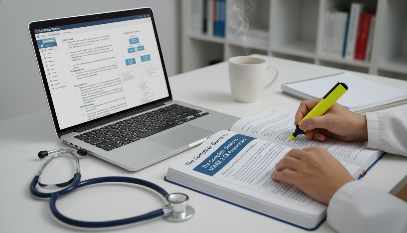 Medical student reviewing USMLE Step 2 CK question explanations Medical student reviewing USMLE Step 2 CK question explanations - Step 2 CK preparation for The Complete Guide to USMLE Step