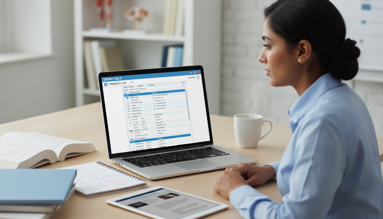 Resident practicing USMLE Step 3 CCS cases on a laptop - Step 3 preparation for The Complete Guide to USMLE Step 3 Preparatio