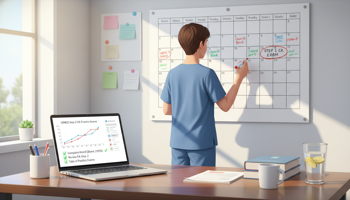 Medical student planning Step 2 CK exam schedule on a calendar - Step 1 score residency for The Complete Guide to Step Score