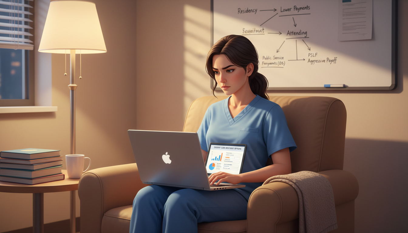 Resident physician reviewing student loan repayment options Resident physician reviewing student loan repayment options - medical school loans for The Complete Guide to Medical Student