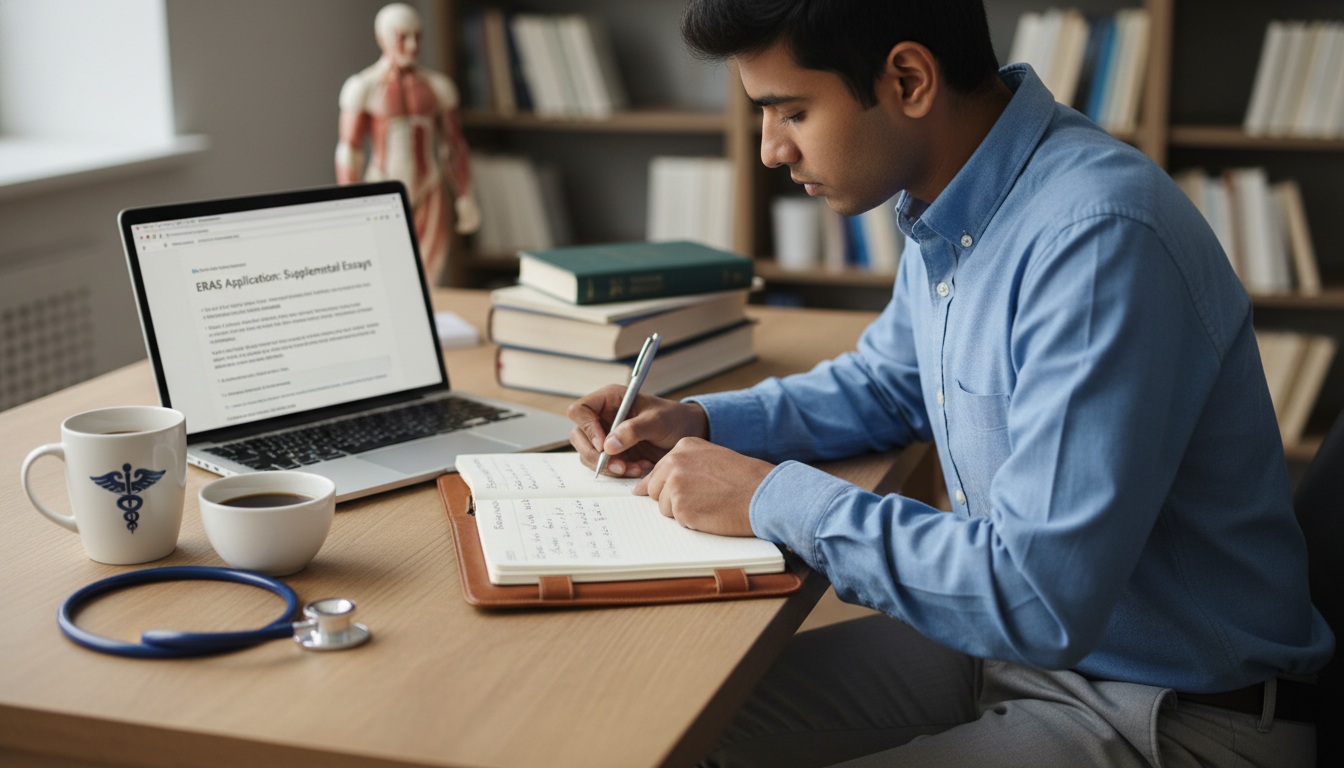 Medical student reflecting while writing supplemental ERAS essays Medical student reflecting while writing supplemental ERAS essays - supplemental ERAS for The Complete Guide to Supplemental