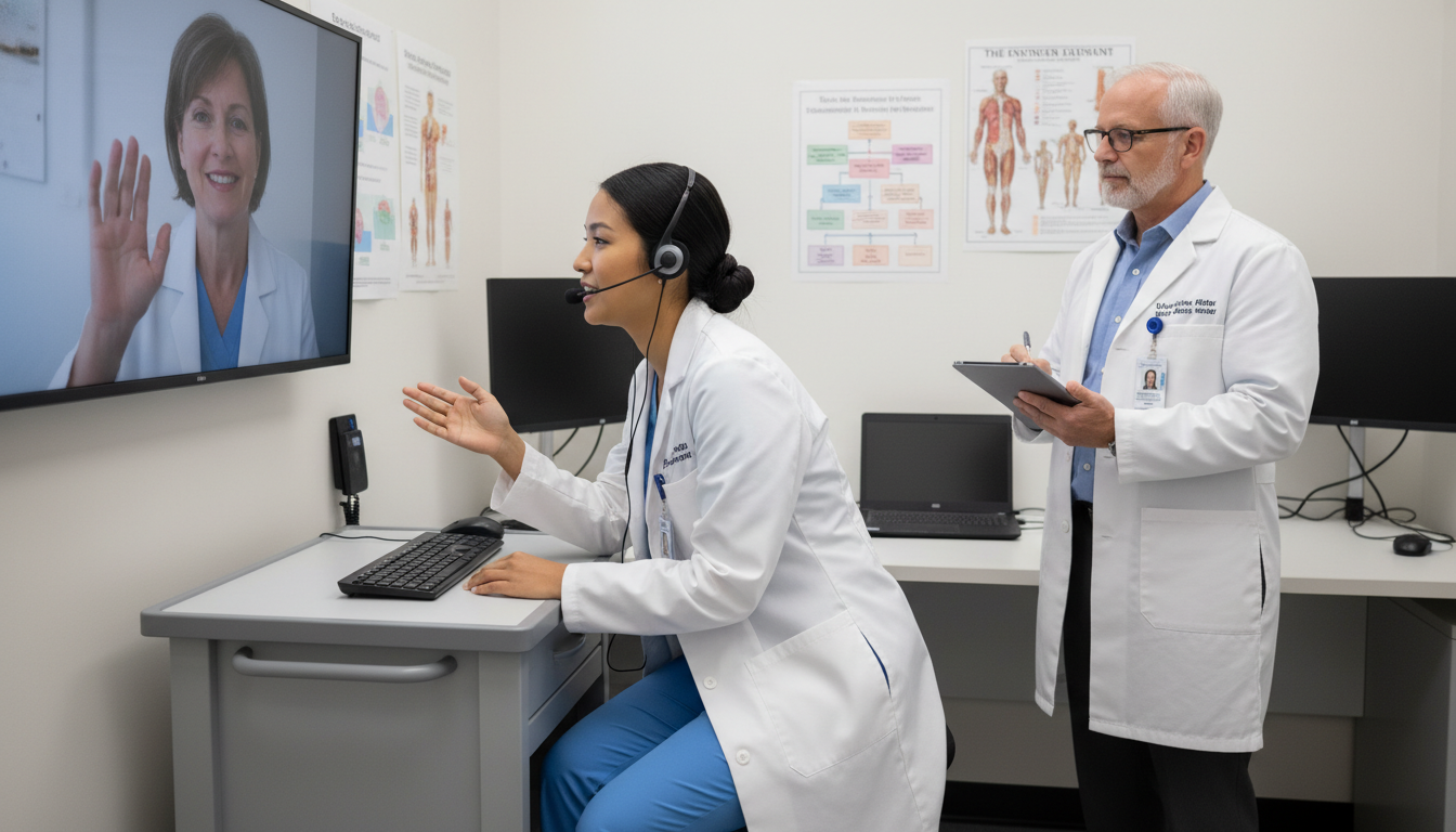 Resident physician practicing telemedicine skills during training Resident physician practicing telemedicine skills during training - telemedicine jobs for The Complete Guide to Telemedicine