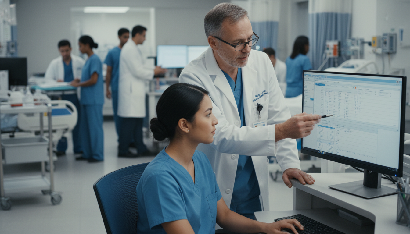 Resident working on a computer while attending physician provides guidance Resident working on a computer while attending physician provides guidance - transitional year for The Complete Guide to Tran