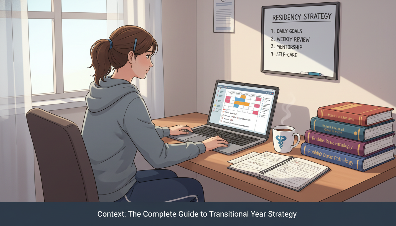 Medical resident planning schedule and studying at a desk Medical resident planning schedule and studying at a desk - transitional year for The Complete Guide to Transitional Year Str