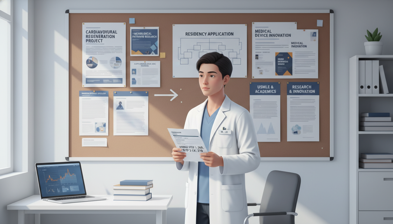 Medical student in white coat reviewing CV and research posters Medical student in white coat reviewing CV and research posters - competitive specialty for The Complete Guide to Ultra-Compe