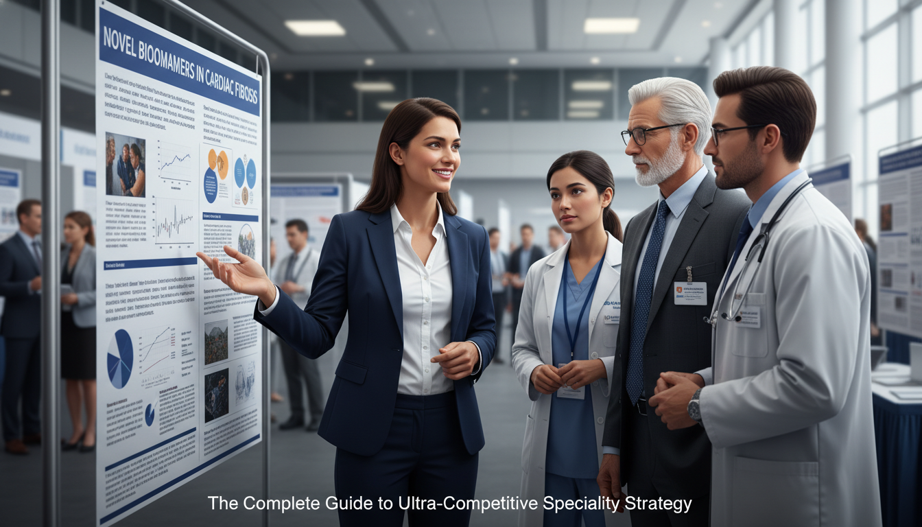 Medical student presenting research poster at a conference Medical student presenting research poster at a conference - competitive specialty for The Complete Guide to Ultra-Competitiv