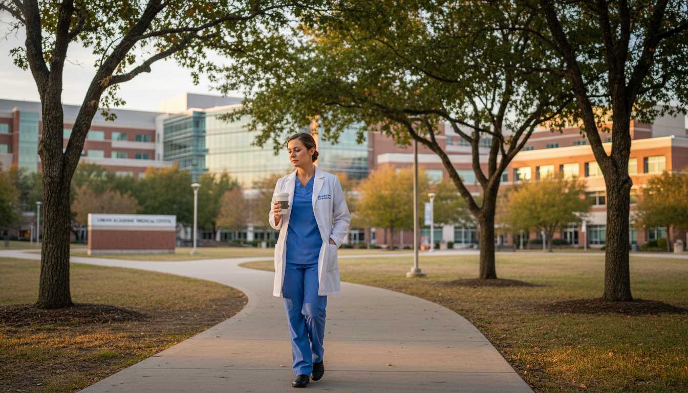 Resident taking a walk outside hospital during a short break for wellbeing Resident taking a walk outside hospital during a short break for wellbeing - residency work life balance for The Complete Gui