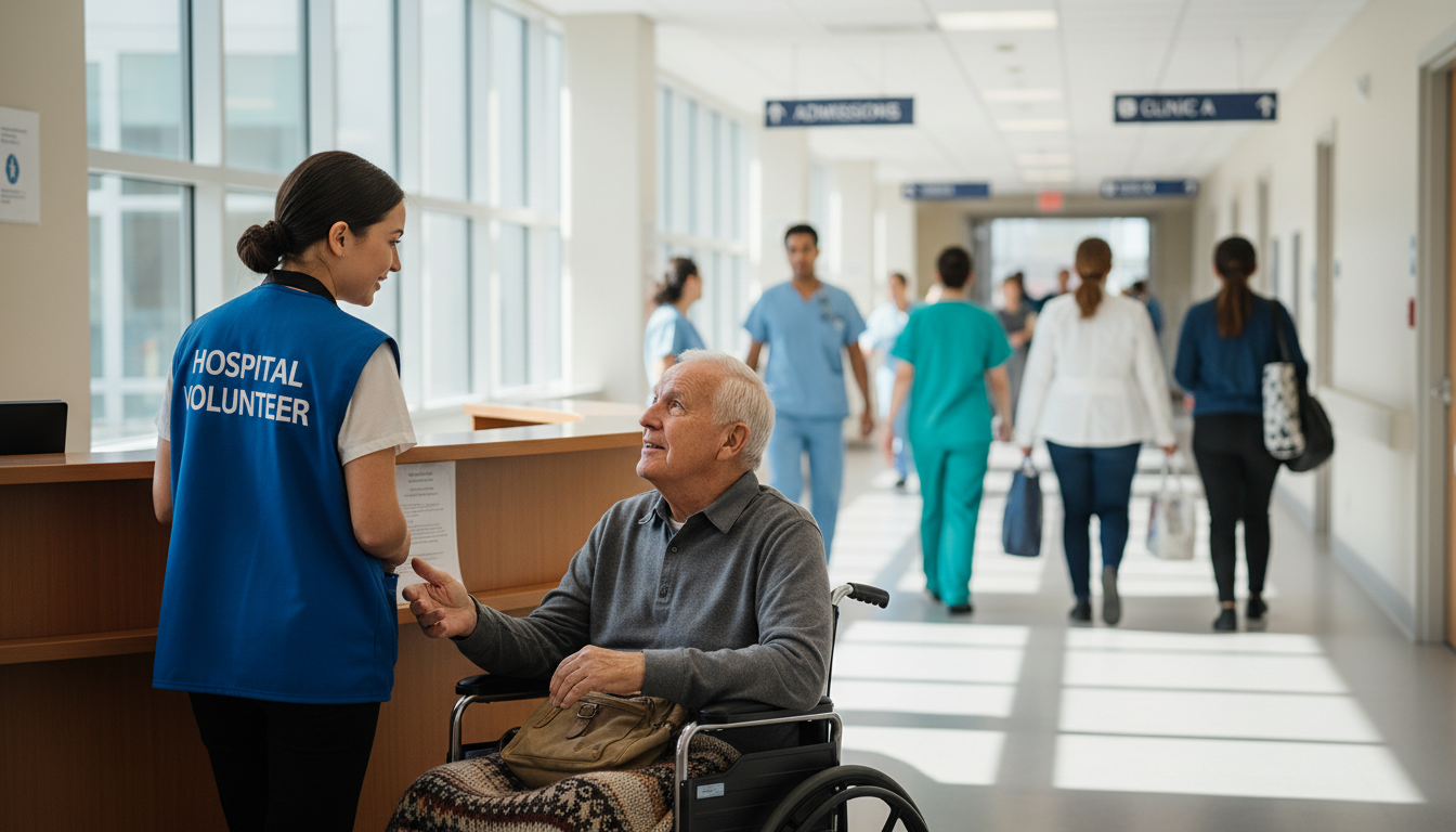 Premed volunteer interacting with patient at hospital front desk -  for Already in a Non‑Clinical Gap Year Job: Adding Clinic