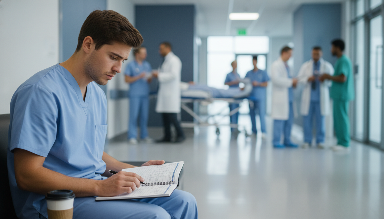 Premed student anxiously logging clinical volunteering hours in a hospital -  for Behind the Scenes: How Deans Use Clinical V