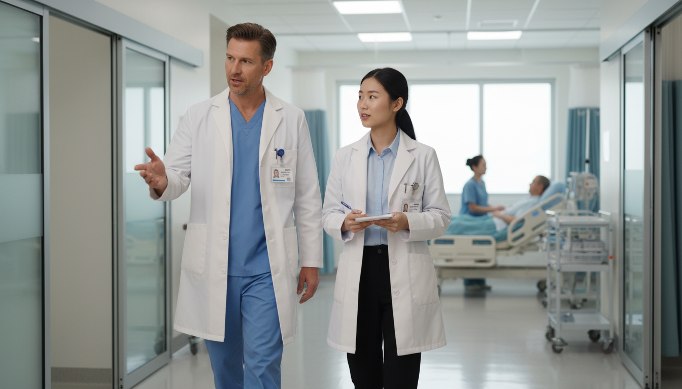 Physician being shadowed by a premed student during patient rounds -  for Behind the Scenes: How Deans Use Clinical Volunteer