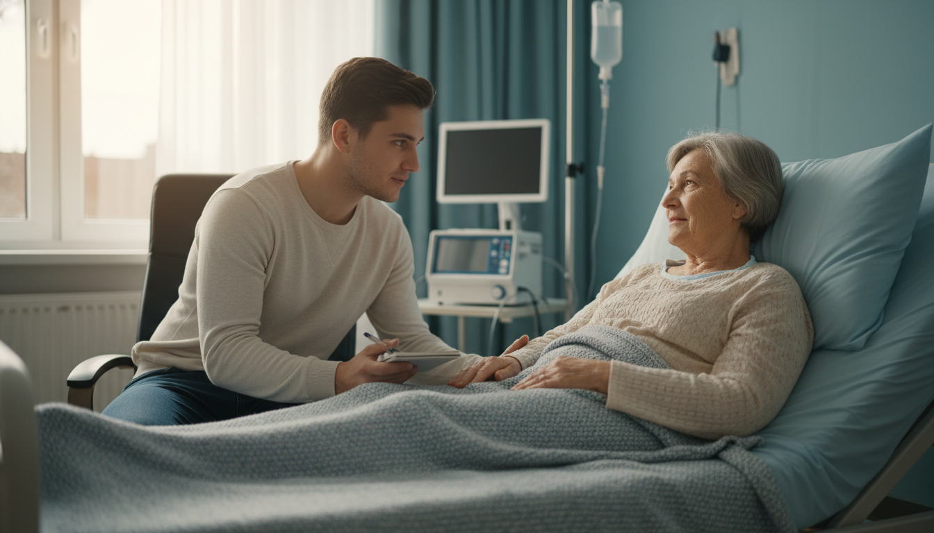 Medical student speaking with palliative care patient in calm hospital room -  for Clinical Volunteering in Palliative Care: