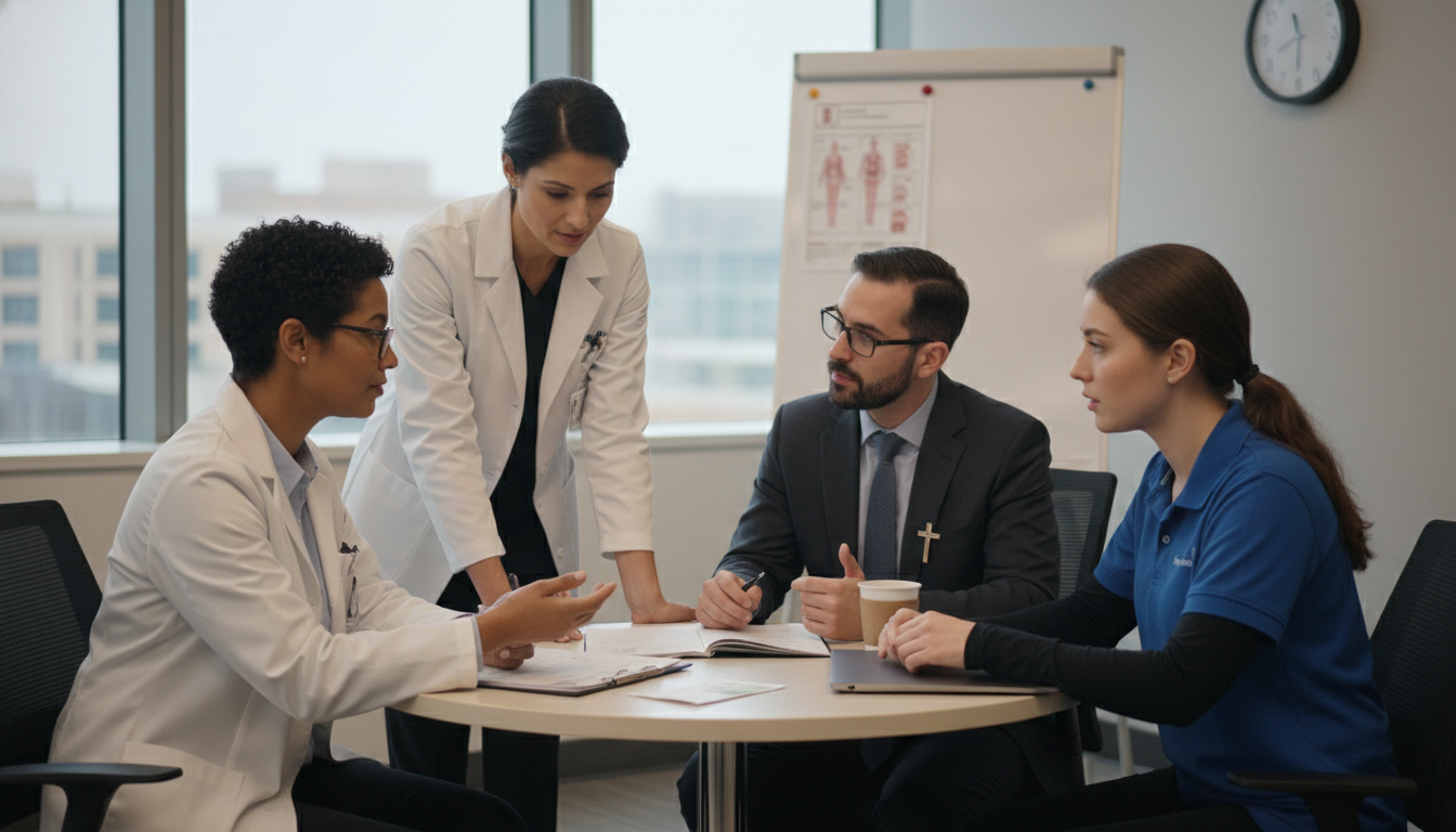 Small interdisciplinary palliative care team discussing patient communication -  for Clinical Volunteering in Palliative Care
