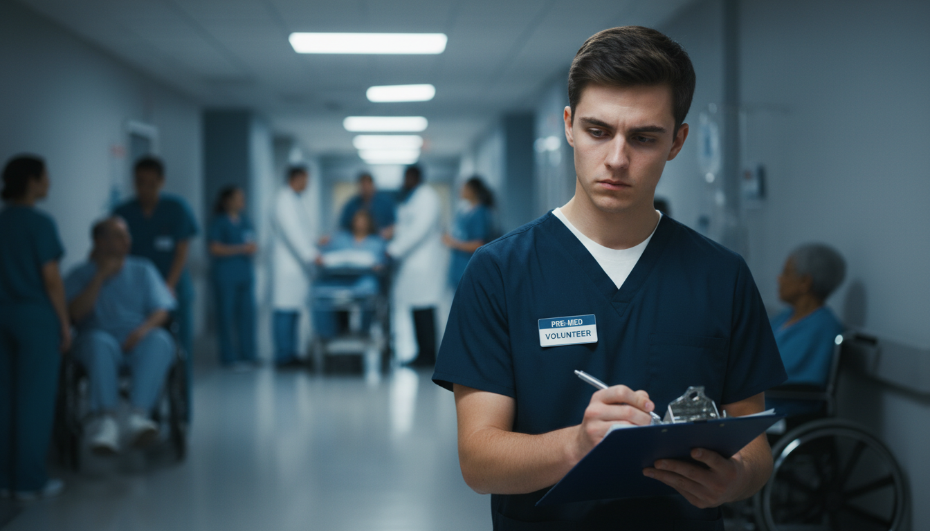 Pre-med student volunteering in a busy hospital ward -  for Clinical Volunteering Intensity vs Burnout Risk in Pre‑Med Studen