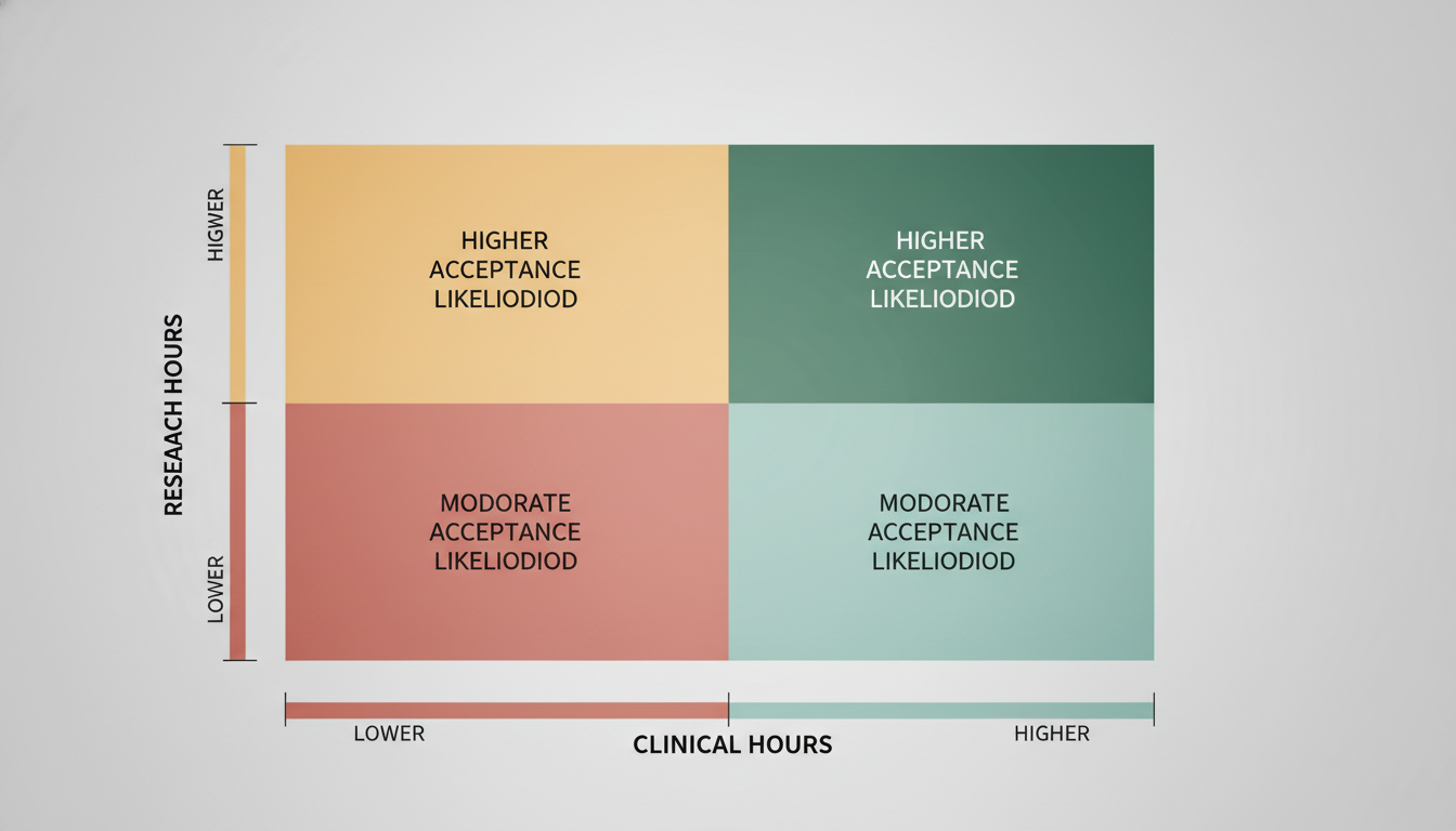 Chart comparing clinical hours and research hours versus medical school acceptance likelihood -  for Clinical Volunteering vs