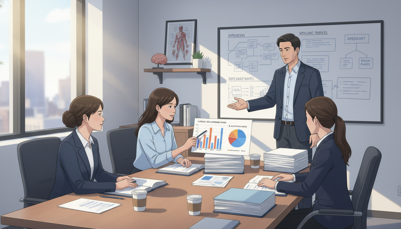 Medical school admissions committee reviewing applications with experience profiles -  for Clinical Volunteering vs Research: