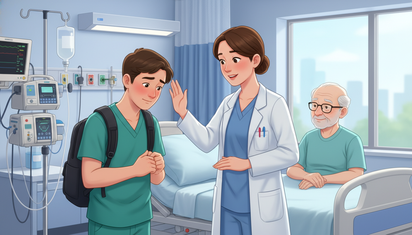 Pre-med volunteer being corrected by a nurse about inappropriate clinical task -  for Common Boundary Errors Pre‑Meds Make in