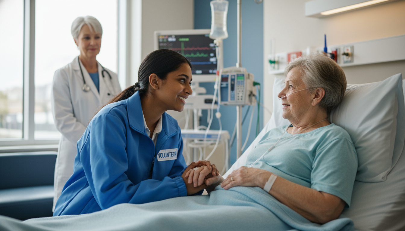 Premed student volunteering with patients in a hospital -  for First College Semester to Application: Clinical Volunteering T