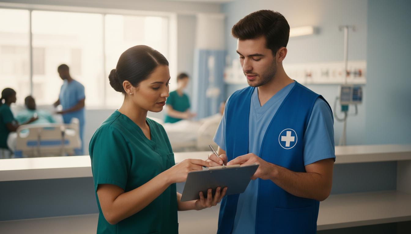 Premed volunteer discussing tasks with a nurse at the nurses' station -  for From Generic Volunteer to Essential Team Member: