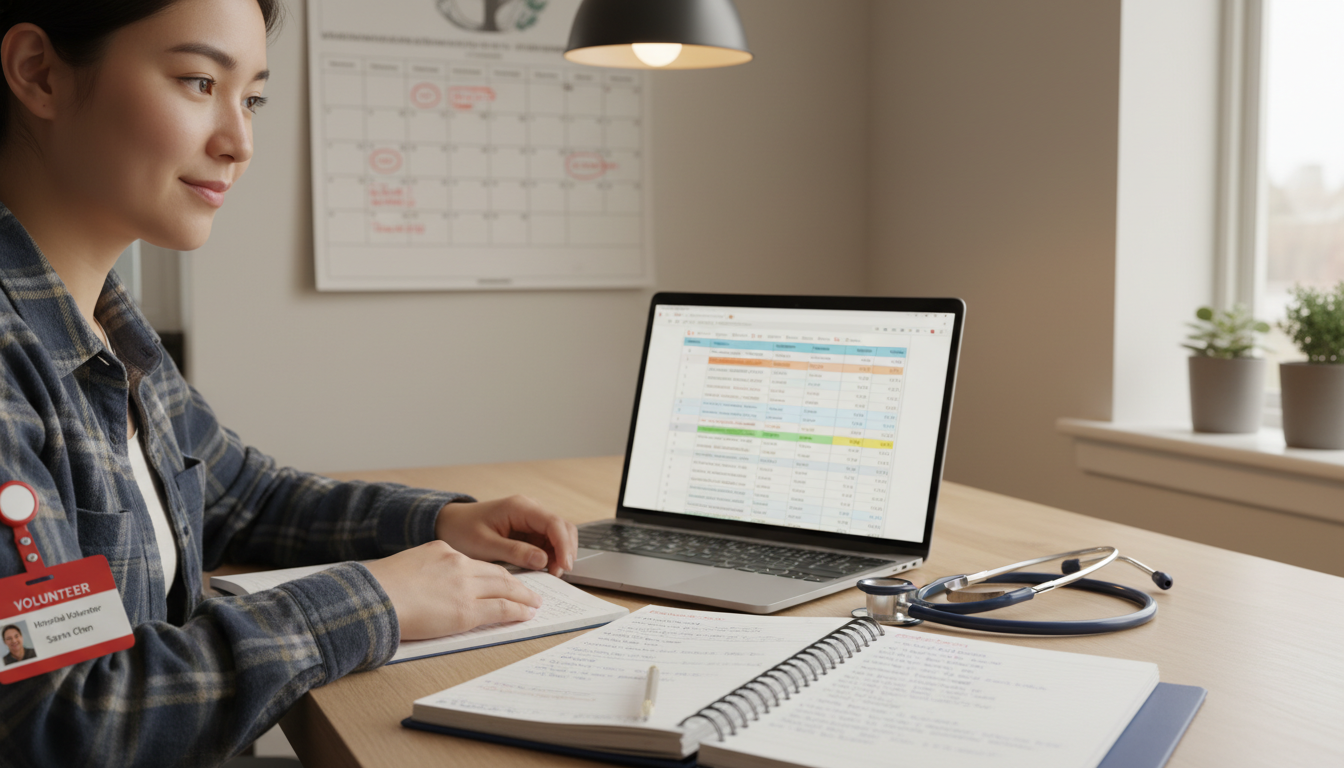 Premed tracking clinical volunteering hours and reflections -  for Gap Year Blueprint: Month-by-Month Clinical Volunteering S