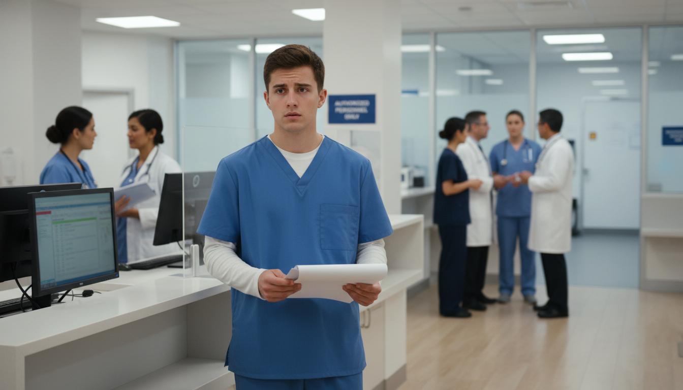 Premed student volunteering in a hospital, looking conflicted near a nurses station -  for HIPAA and Confidentiality Mistakes