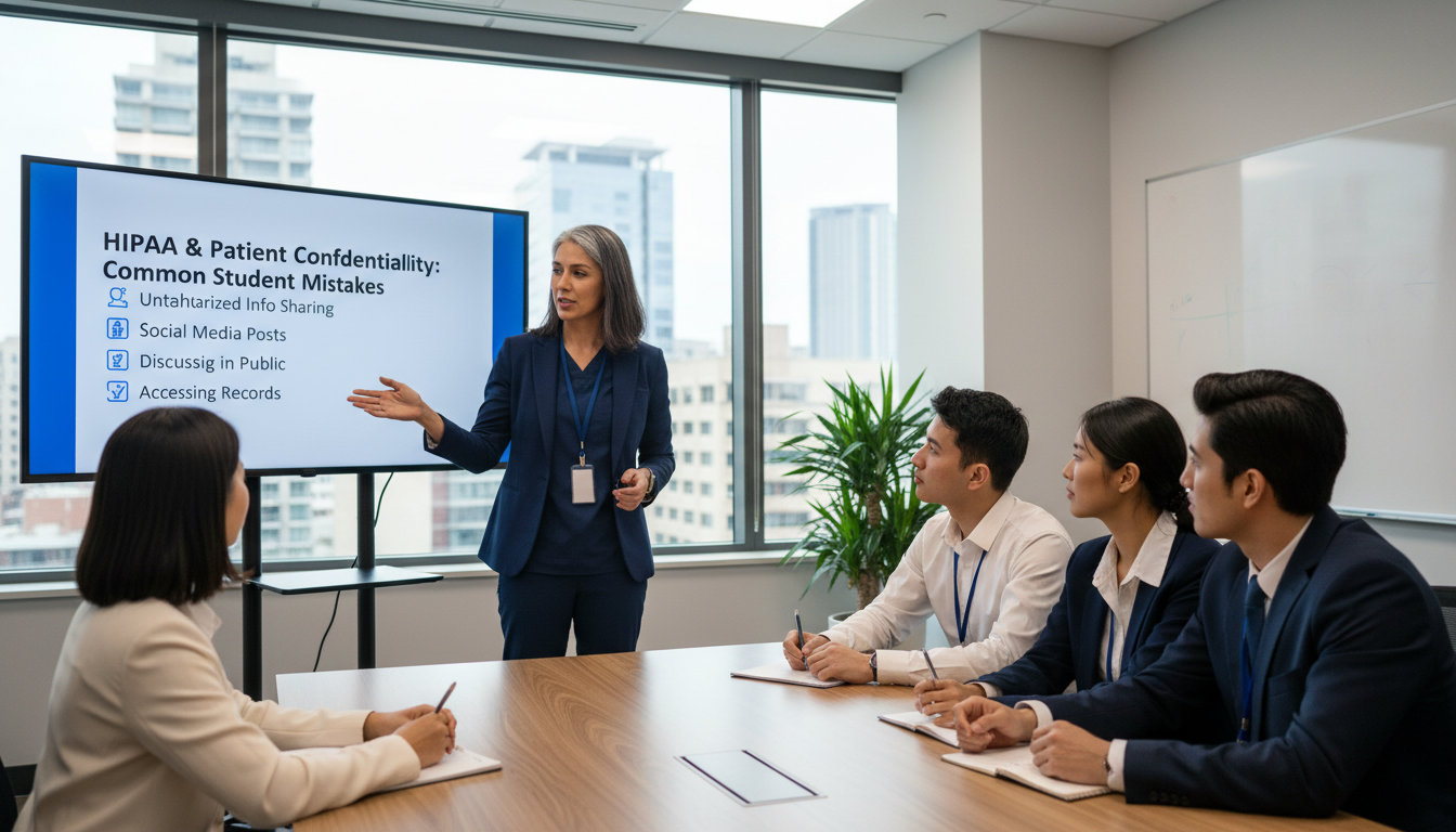 Hospital compliance officer explaining privacy rules to a group of student volunteers -  for HIPAA and Confidentiality Mistak