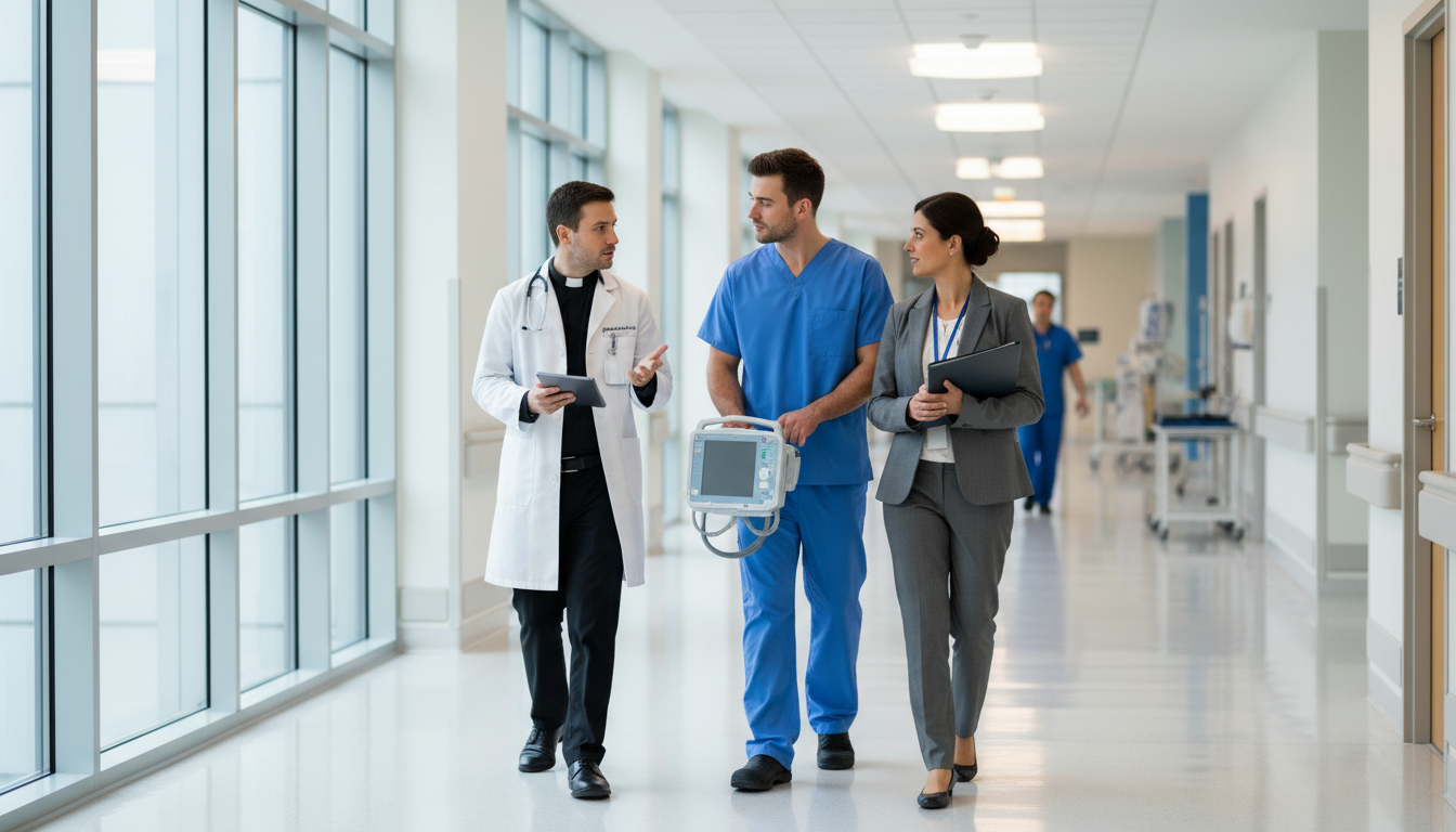 Interdisciplinary team including chaplain in hospital corridor -  for Hospital Chaplaincy Teams: Non-Traditional Clinical Exp