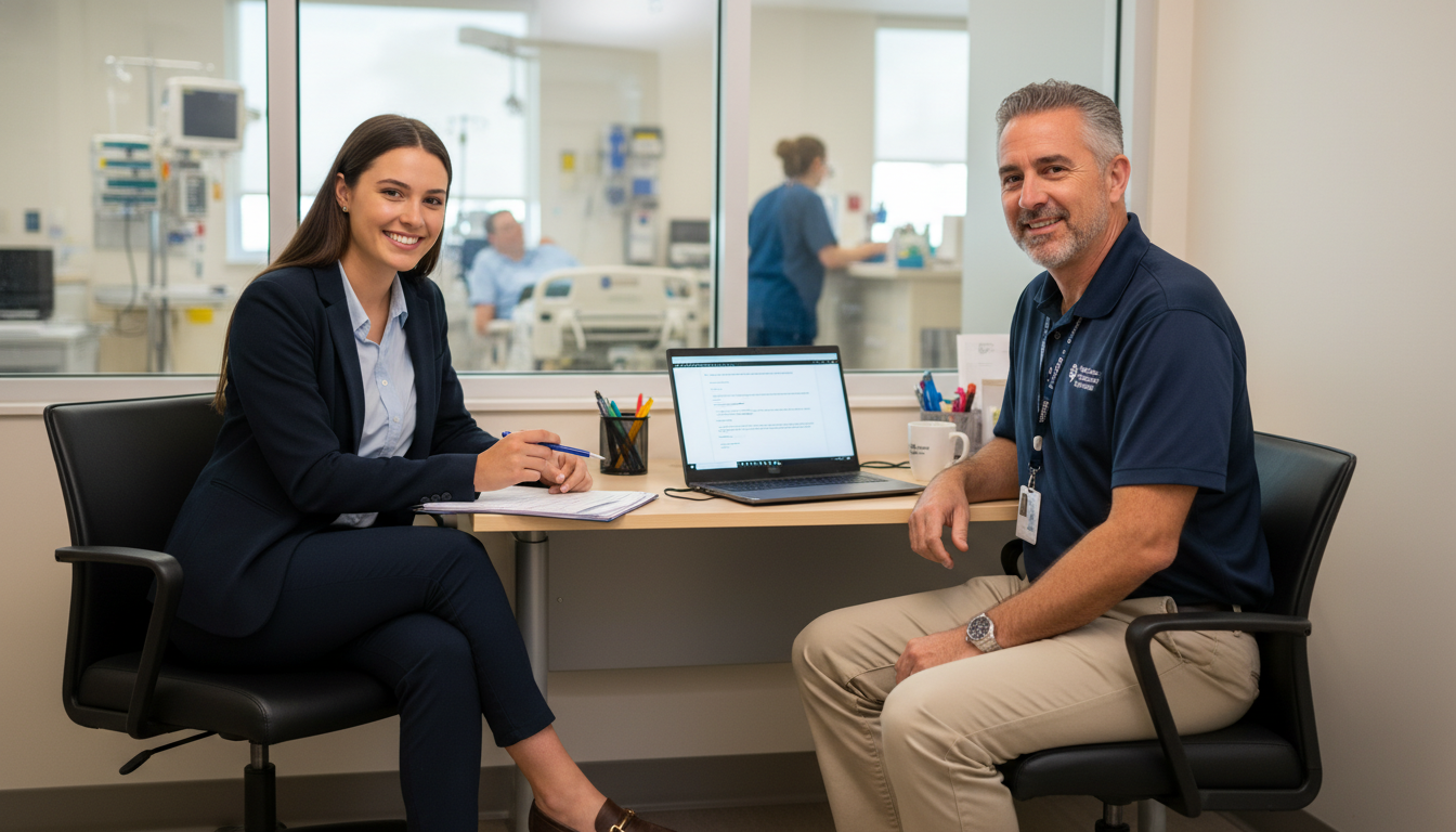 Premed student talking with a [volunteer supervisor](https://residencyadvisor.com/resources/clinical-volunteering/is-hospital
