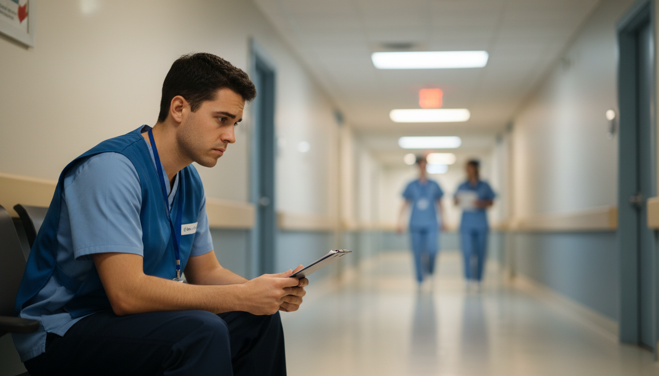 Premed student in hospital volunteer vest looking thoughtful -  for I Don’t Have a Moving Volunteer Story—How Do I Compete?