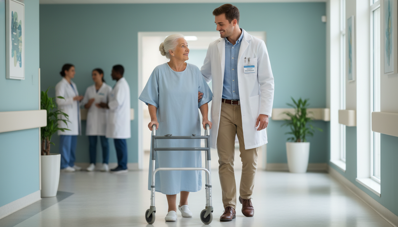 Premed volunteer walking with an elderly patient down hospital hallway -  for I Don’t Have a Moving Volunteer Story—How Do I