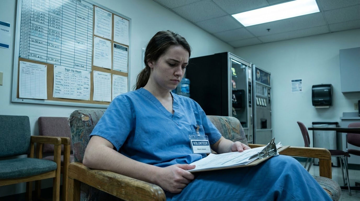 Stressed premed student sitting in hospital volunteer break room -  for I Hate My Volunteer Role—Will Quitting Look Bad on Ap