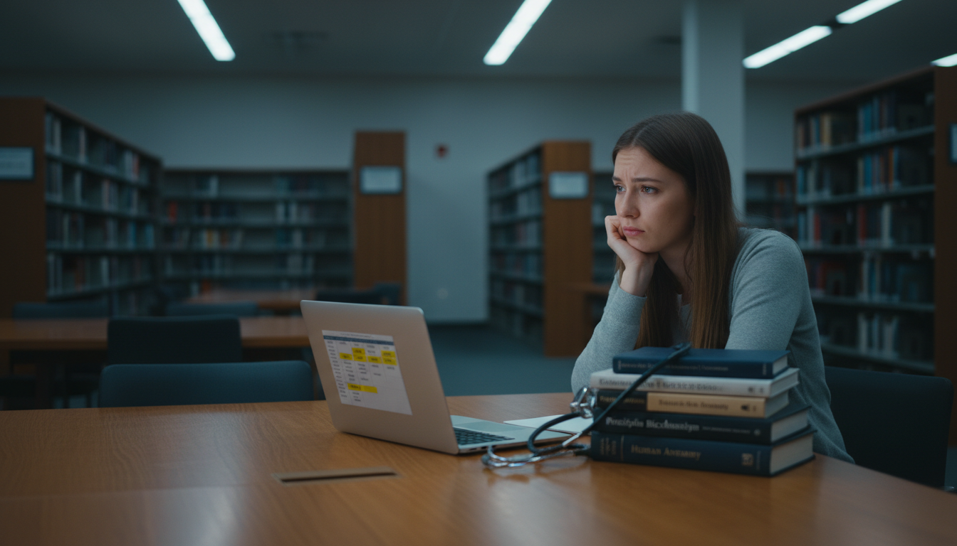 Anxious premed student looking at volunteer schedule on laptop in a quiet library -  for I Volunteer Infrequently—Will Commit
