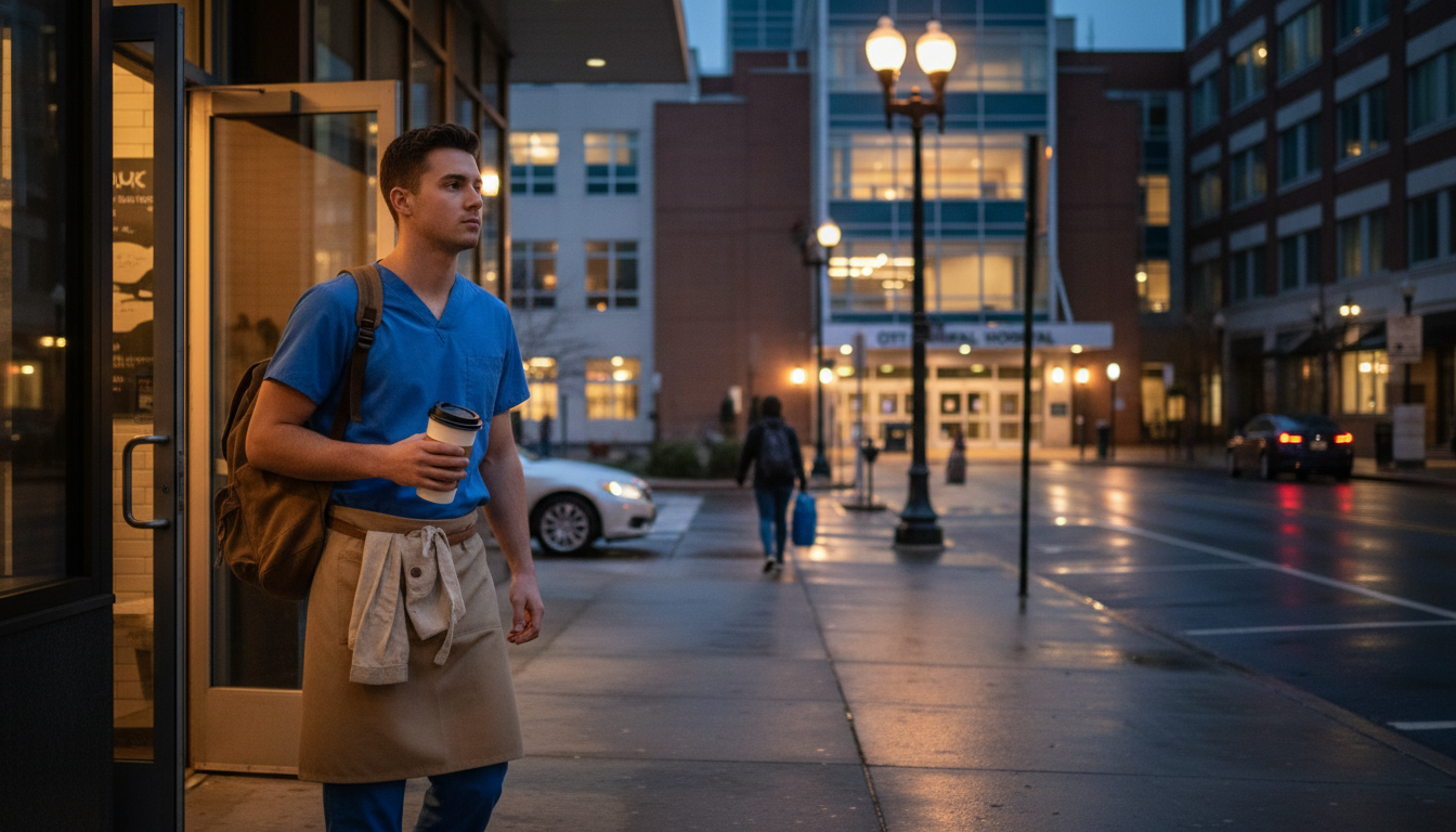 Premed student leaving a part-time job to attend evening hospital volunteer shift -  for If You Must Work for Pay: Balancing