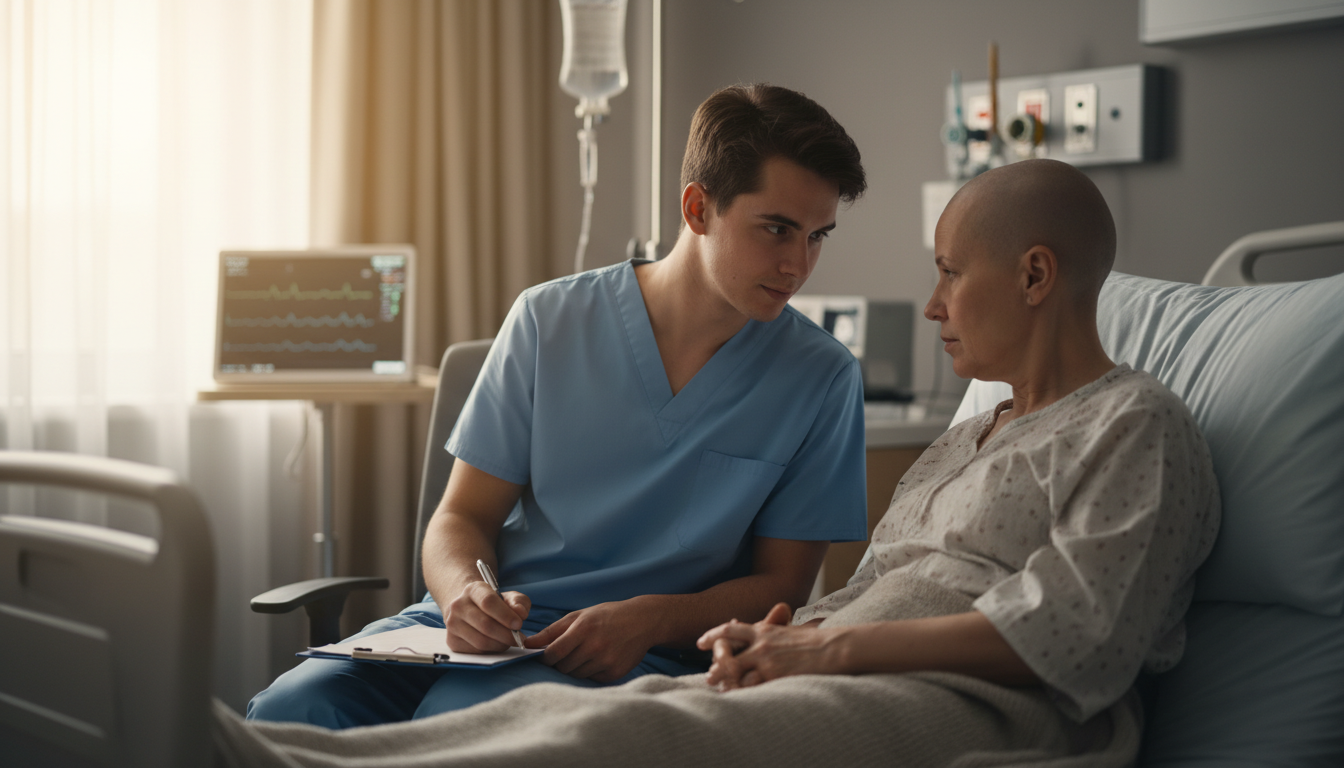 Medical student comforting oncology inpatient Medical student comforting oncology inpatient - for Inpatient Oncology Volunteering: Navigating Grief, Burnout, and Boundari