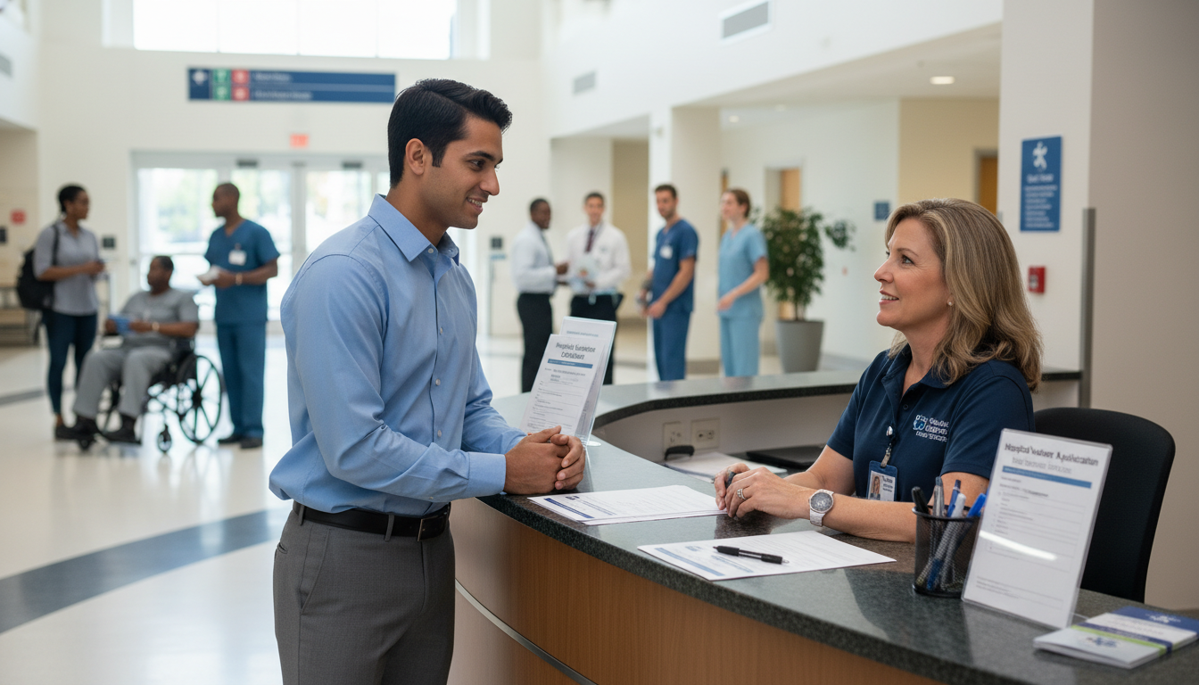 International premed student speaking with a volunteer coordinator at a US hospital -  for International Student in the US: F
